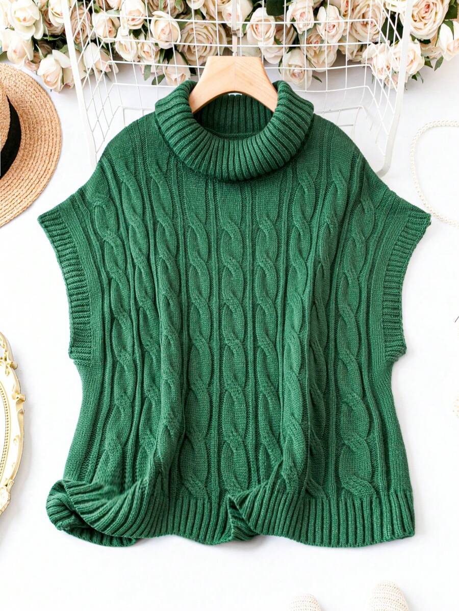 SHEIN LUNE Talla grande Top cuello alto tejido de cable - Verde - Ver 1