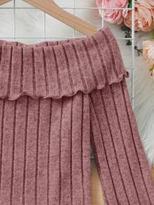 SHEIN Tween Girl Off Shoulder Lettuce Trim Ribbed Knit Tee - Dusty Pink - View 3