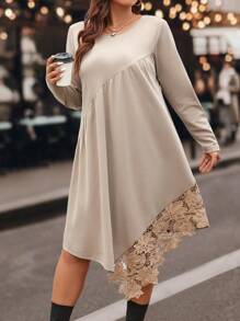 Calvaya Plus Contrast Lace Asymmetrical Hem Dress - Khaki - View 1