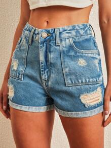 Shein牌女式短褲捲邊牛仔褲 - 淺色水洗藍 - 查看 3