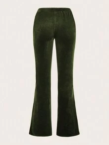 SHEIN ICON Y2k Pink Colorblock High Waist Academy Style Print Tight Flared Pants - Dark Green - View 2