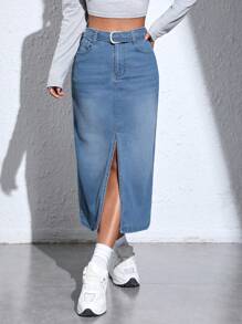SHEIN Privé Tách đùi Thắt lưng Váy Denim - Rửa trung bình - Xem 3