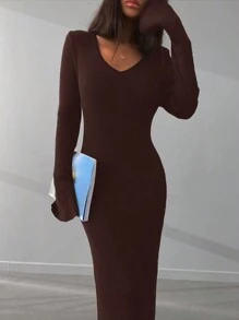 RueChic Solid V Neck Sweater Dress - Brown - View 5