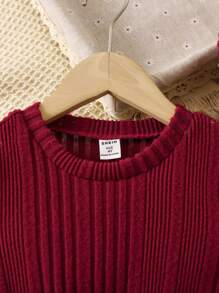 SHEIN 女小童素色條紋針織泡泡袖洋裝附帽子 - 紅色 - 查看 5