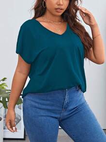 SHEIN Essnce Plus Solid Batwing Sleeve V Neck Tee - Teal Blue - View 5