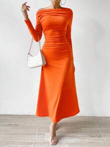 SHEIN Privé Asymmetrical Neck Ruched Side Dress - Burnt Orange - View 5