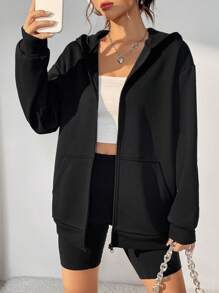 SHEIN Unity 素色拉鏈開襟落肩袖連帽衫 - 黑色 - 查看 1