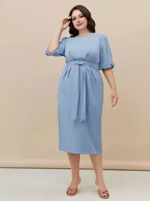 Modelyn 大碼素色泡泡袖連衣裙 - 霧霾藍 - 查看 1