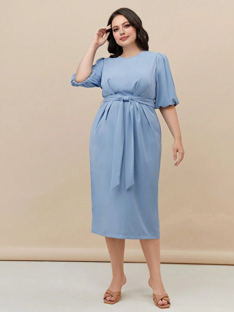 Modelyn 大碼素色泡泡袖連衣裙 - 霧霾藍 - 查看 1