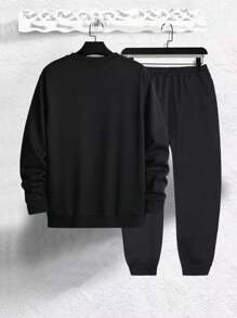 男士表情印花运动衫和抽绳腰运动裤，适合万圣节和秋季服装 - 黑色 - 查看 2