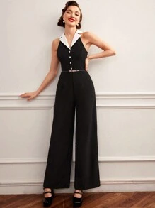 Vintamour Cổ áo tương phản Nút phía trước Áo liền quần ống rộng Không có thắt lưng - màu đen - Xem 7