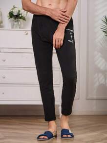 男士字母圖案條紋飾邊保暖內衣長褲