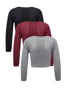 SHEIN Tween Girl 3pcs Ribbed Knit Crop Tee - Multicolor - View 2