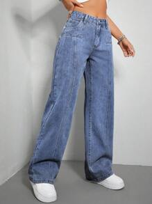 SHEIN EZwear 闊腿牛仔褲 - 深色水洗藍 - 查看 6