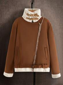 Manfinity 男士1入組毛絨內襯金屬扣環腰帶夾克 - 棕色 - 查看 6