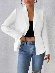 SHEIN PETITE Lapel Neck Single Button Blazer - White - View 3