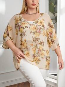 SHEIN LUNE Plus Floral Print Batwing Sleeve Blouse - Apricot - View 1