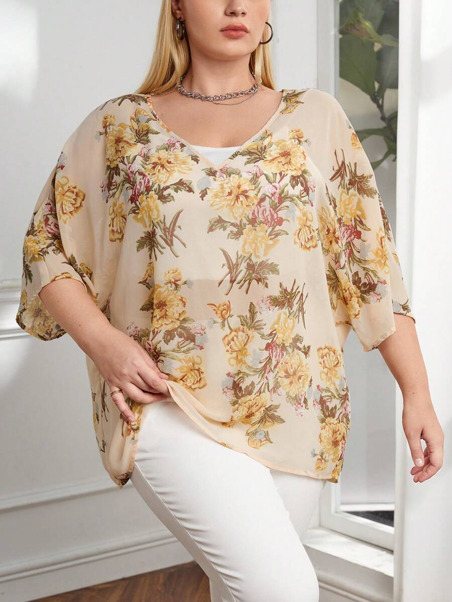 SHEIN LUNE Plus Floral Print Batwing Sleeve Blouse - Apricot - View 1