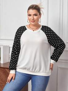 SHEIN Clasi 大碼波卡圓點插肩袖運動衫 - 白色 - 查看 4