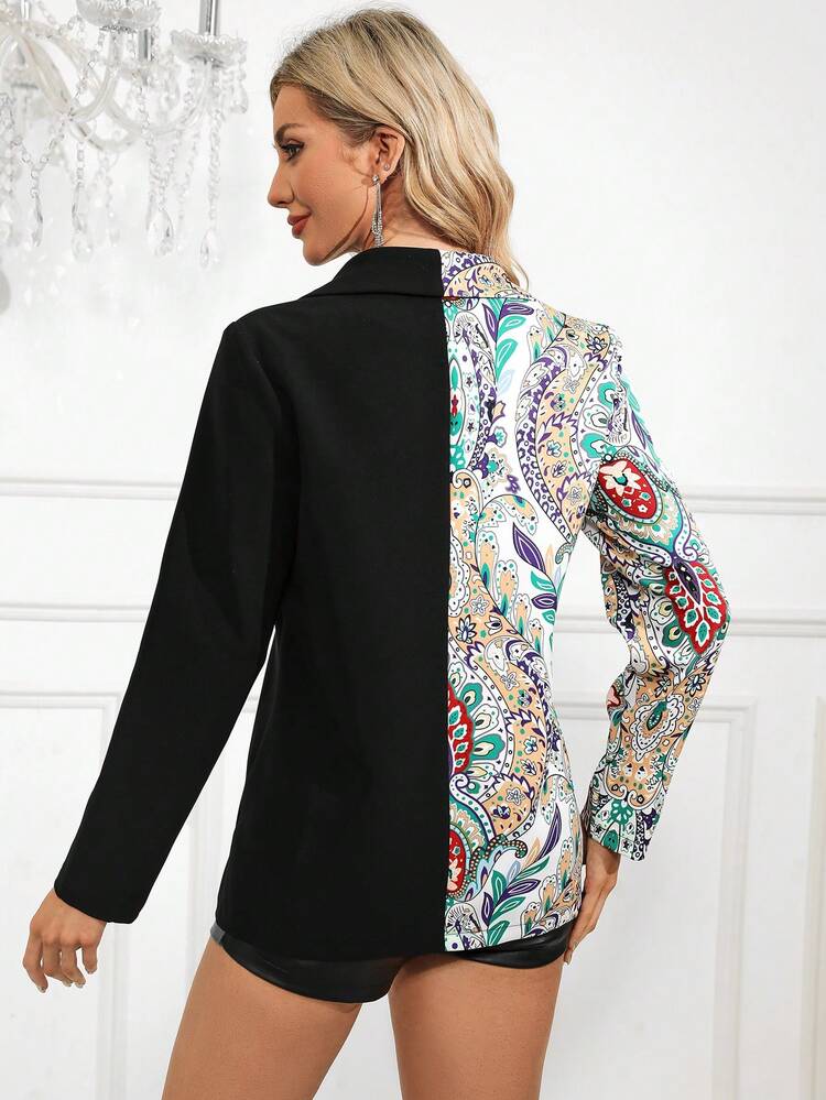 Floral Print Shawl Collar Two Tone Coat Without Belt