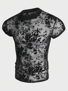 FeverCity Men Floral Print Sheer Flocking Tee - Black - View 1