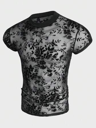 FeverCity Men Floral Print Sheer Flocking Tee