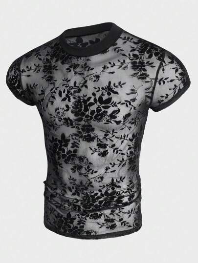 FeverCity Hombres Camiseta con estampado floral transparente flocado