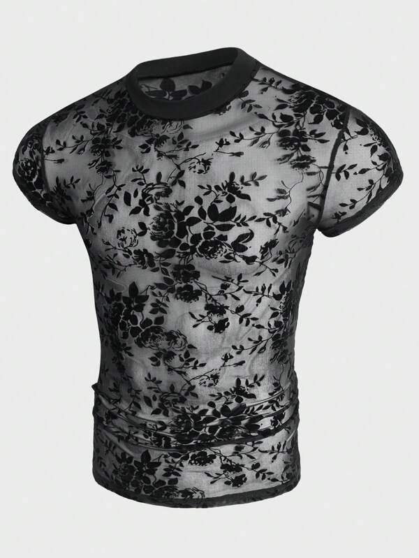 FeverCity Hombres Camiseta con estampado floral transparente flocado
