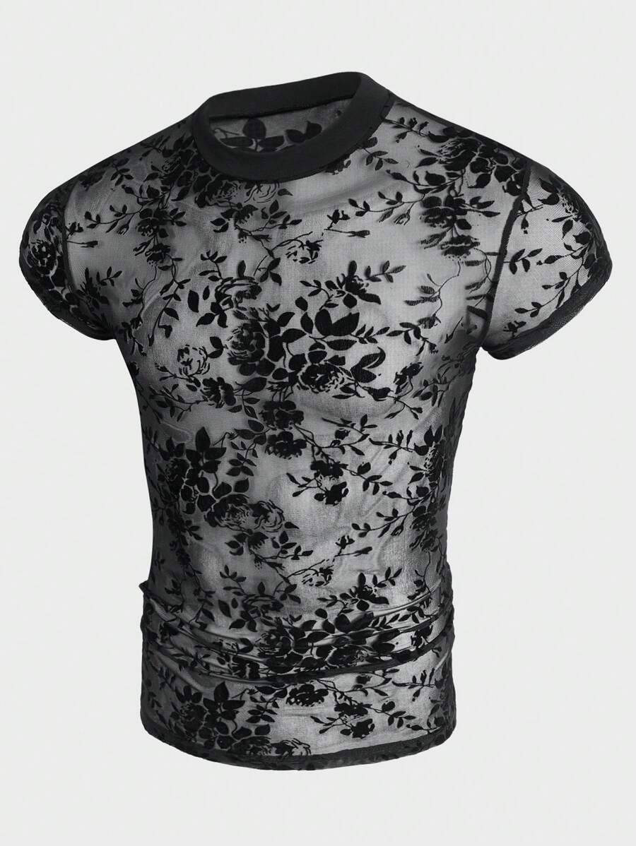 FeverCity Men Floral Print Sheer Flocking Tee - Black - View 1