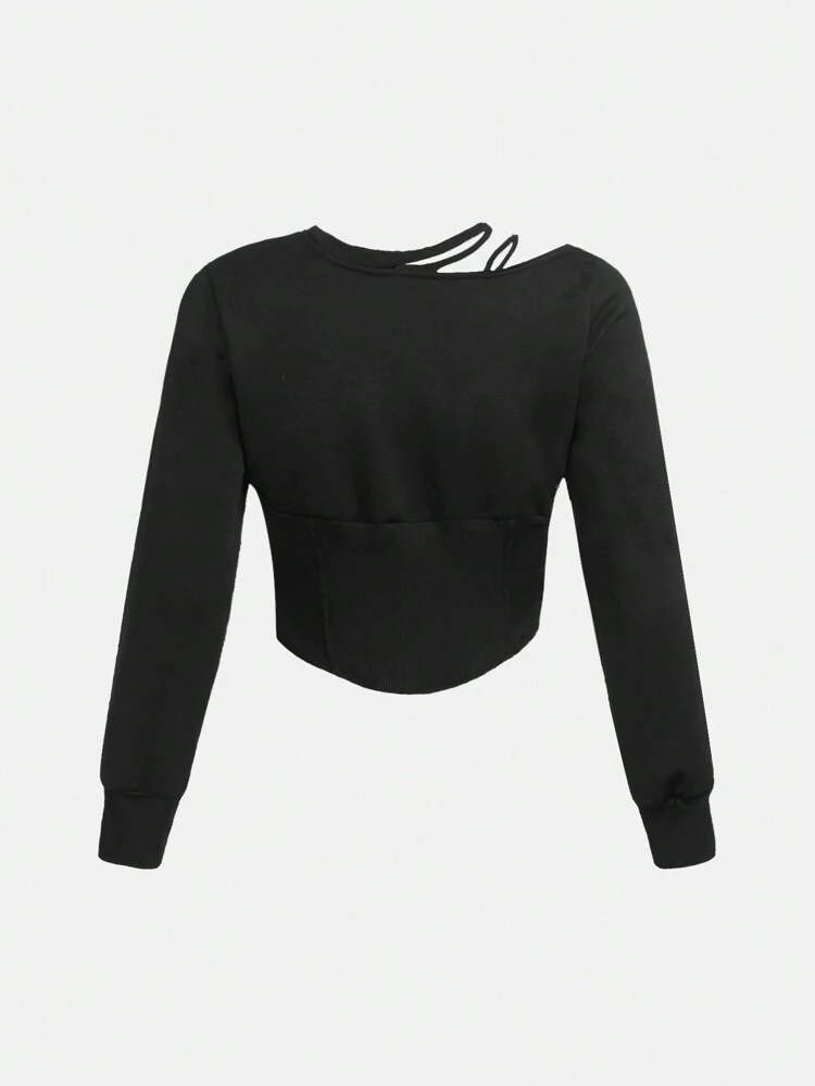 Teen Girl Letter Patched Asymmetrical Neck Crop Sweatshirt