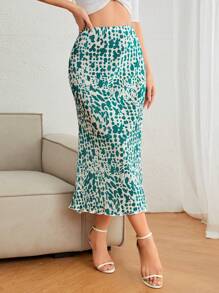 SHEIN Privé 滿版印花生菜邊半身裙 - 綠色 - 查看 1