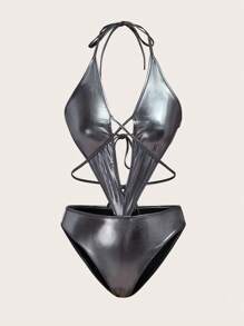 SHEIN ICON Cut Out Front Tie Backless Halter Neck Metallic Bodysuit - Silver - View 1