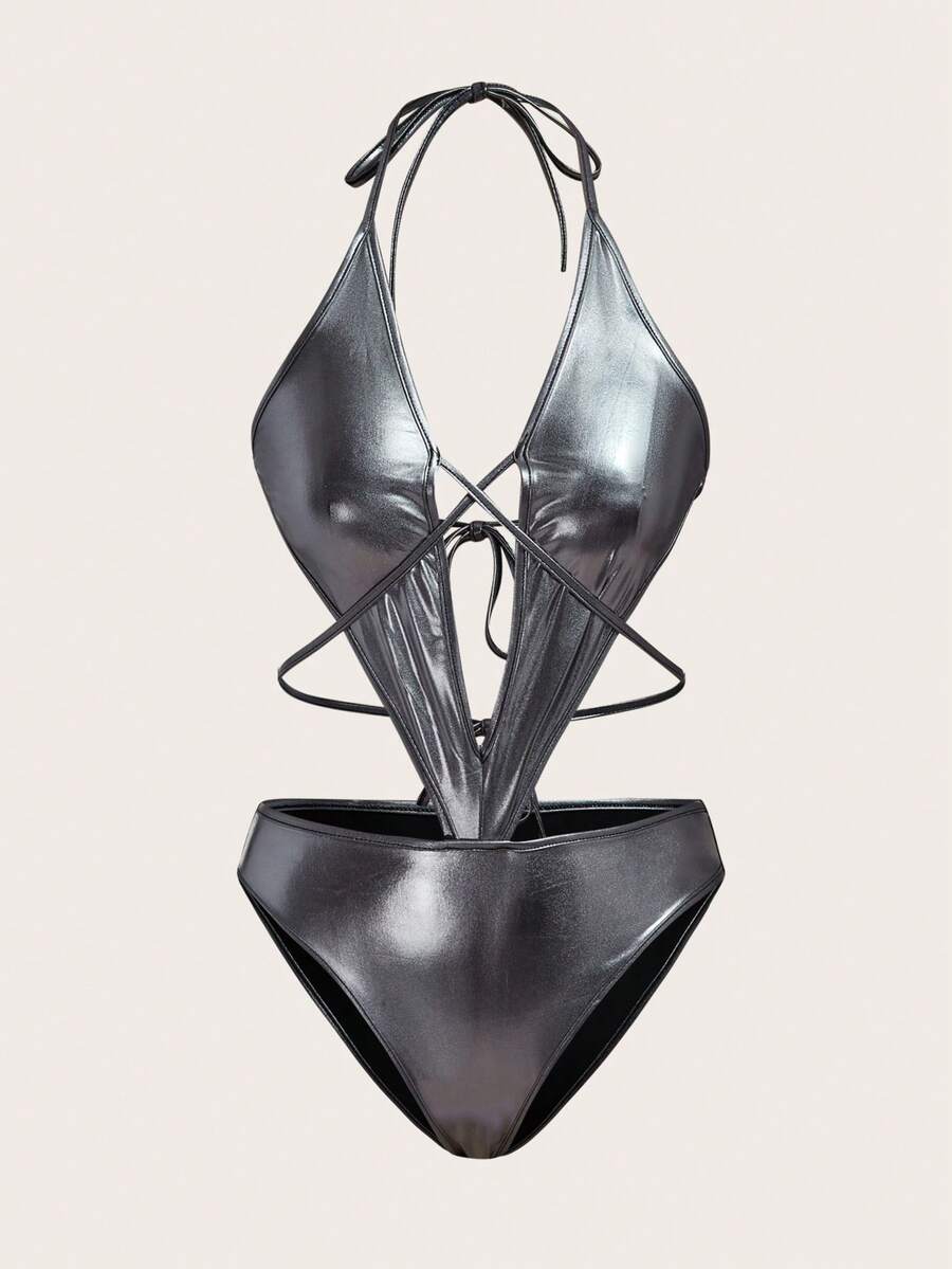 SHEIN ICON Cut Out Front Tie Backless Halter Neck Metallic Bodysuit - Silver - View 1