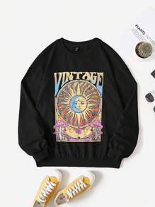 SHEIN EZwear 太陽&字母圖案落肩袖運動衫 - 黑色 - 查看 1