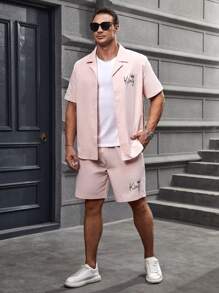 Manfinity Homme Loose Men's Plus Size Letter And Crown Print Shirt & Shorts Without Tee