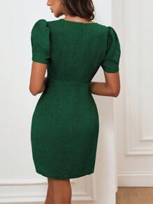 Chiquease Sweetheart Neck Puff Sleeve Button Front Dress - Dark Green - View 2
