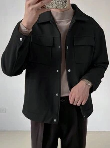 Manfinity Homme 男士翻蓋口袋落肩袖夾克 - 黑色 - 查看 3