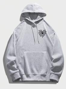 男式蜘蛛网印花落肩抽绳保暖内衬连帽衫，万圣节适用 - 灰色 - 查看 2