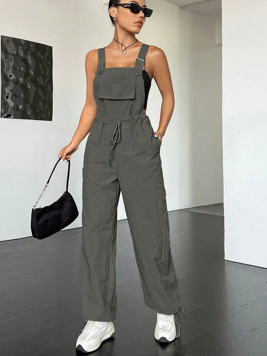 SHEIN EZwear 翻蓋口袋腰部抽繩背帶連身褲