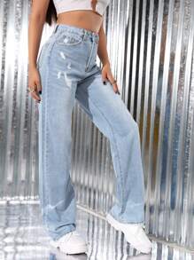 Jeanoix Wysoki stan Podarte Dżinsy z prostą nogawką