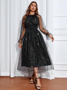 Contrast Sequin Mesh Overlay Flounce Sleeve Dress - Black - View 6