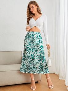 SHEIN Privé 滿版印花生菜邊半身裙 - 綠色 - 查看 2