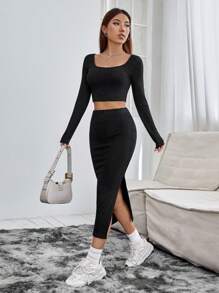 SHEIN PETITE Square Neck Crop Tee & Split Thigh Skirt - Black - View 4