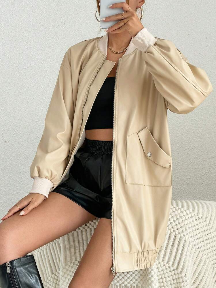 Flap Pocket Drop Shoulder Zipper PU Leather Bomber Jacket