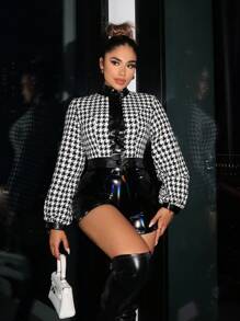 SHEIN SXY Houndstooth Print Lantern Sleeve Contrast Trim Tweed Overcoat - Black and White - View 1