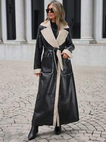 SHEIN Cottnline Dual Pocket Belted Teddy Lined PU Leather Coat - Black - View 5