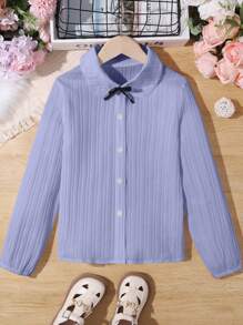 SHEIN 女大童素色前紐扣襯衫 - 淡紫色 - 查看 1