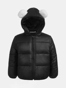 SHEIN Abrigo acolchado con cremallera y diseño de oreja 3D con capucha para niño pequeño - Negro - Ver 1