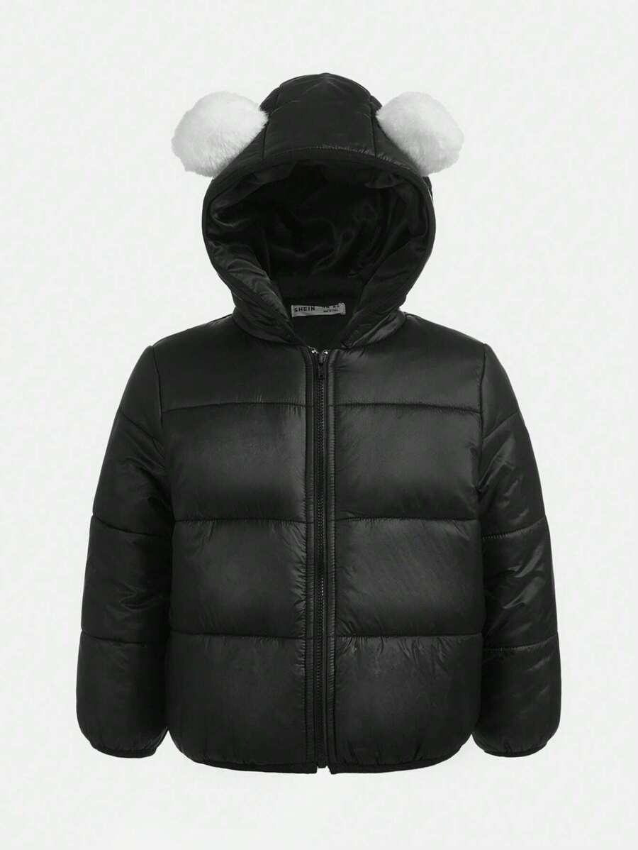 SHEIN Abrigo acolchado con cremallera y diseño de oreja 3D con capucha para niño pequeño - Negro - Ver 1