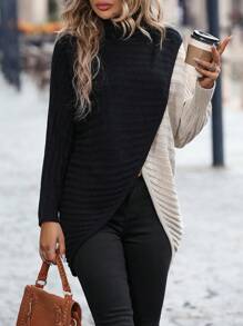 SHEIN LUNE Two Tone Turtleneck Wrap Cross Asymmetrical Hem Sweater - Black - View 5